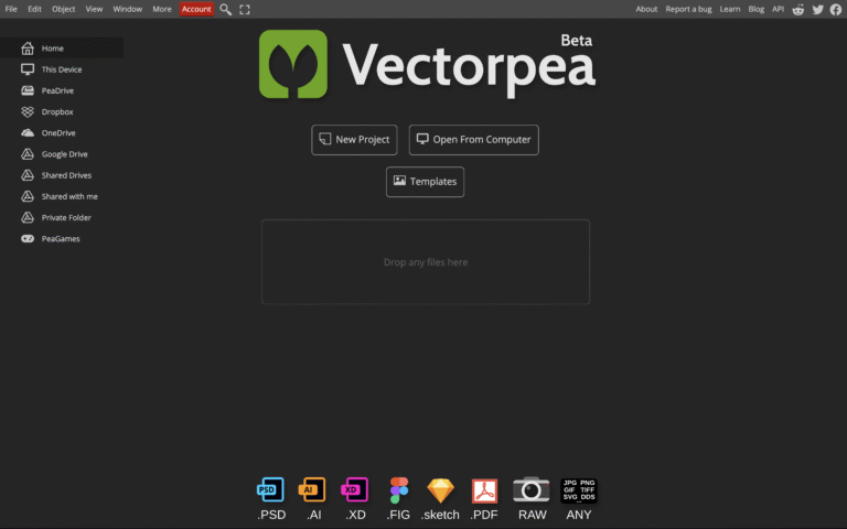 Dashboard of Vectorpea - The free Illustrator Alternative